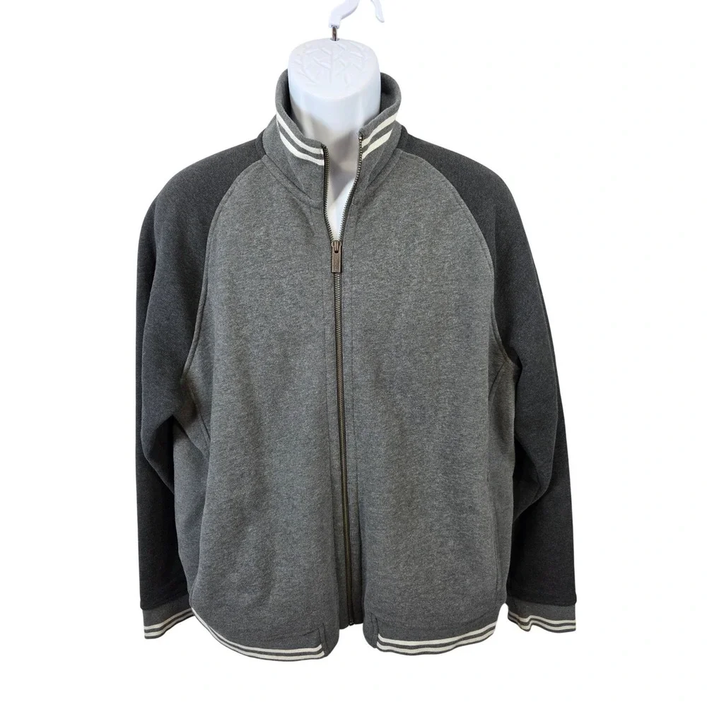 Lands End Serious Sweats Mens Large Grey Full Zip Track Jacket Mock Neck Striped - Picture 1 of 9